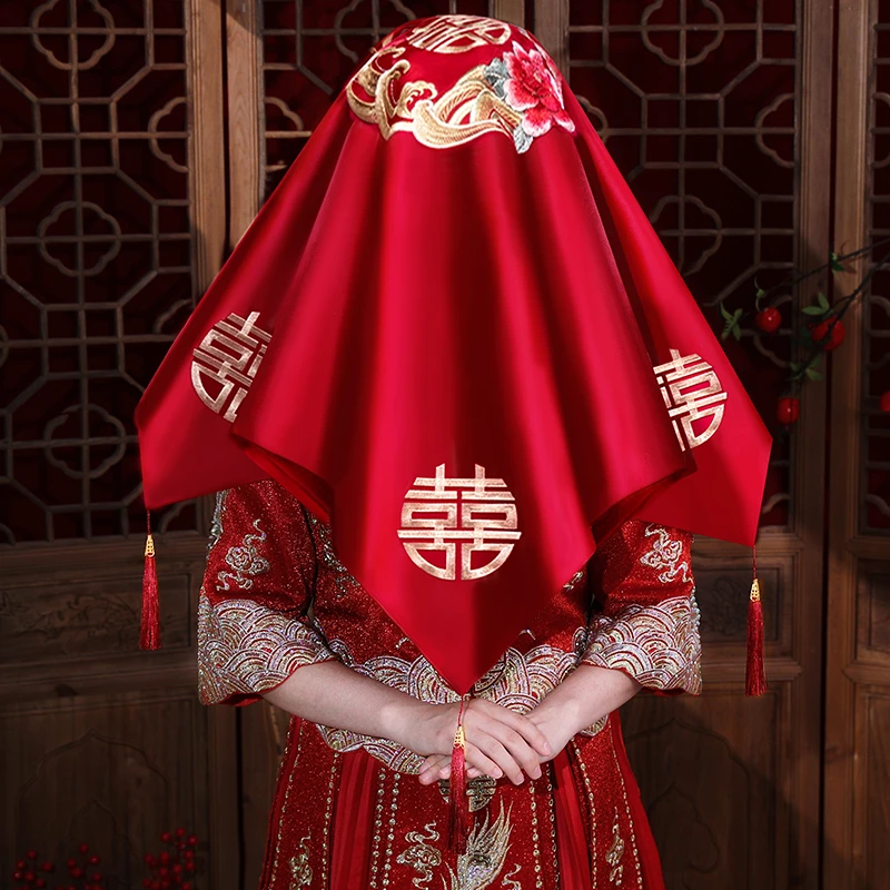 结婚红盖头新娘专用盖头中式婚庆红盖头秀禾头饰结婚婚礼用品大全