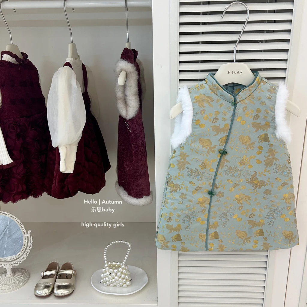 【乐恩童装】女童冬季新款过年衣服国风青瓷绿背心加绒裙连衣裙子套