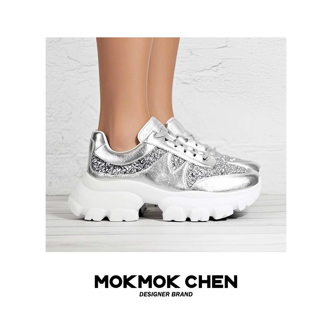 巨舒服/5cm增高/头层牛皮银色亮片米杏色超厚底时尚老爹鞋/XC06