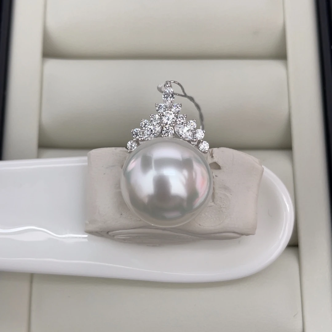 定制海水珍珠18K金镶嵌颈饰14-15银青光海水澳白珍珠吊坠美