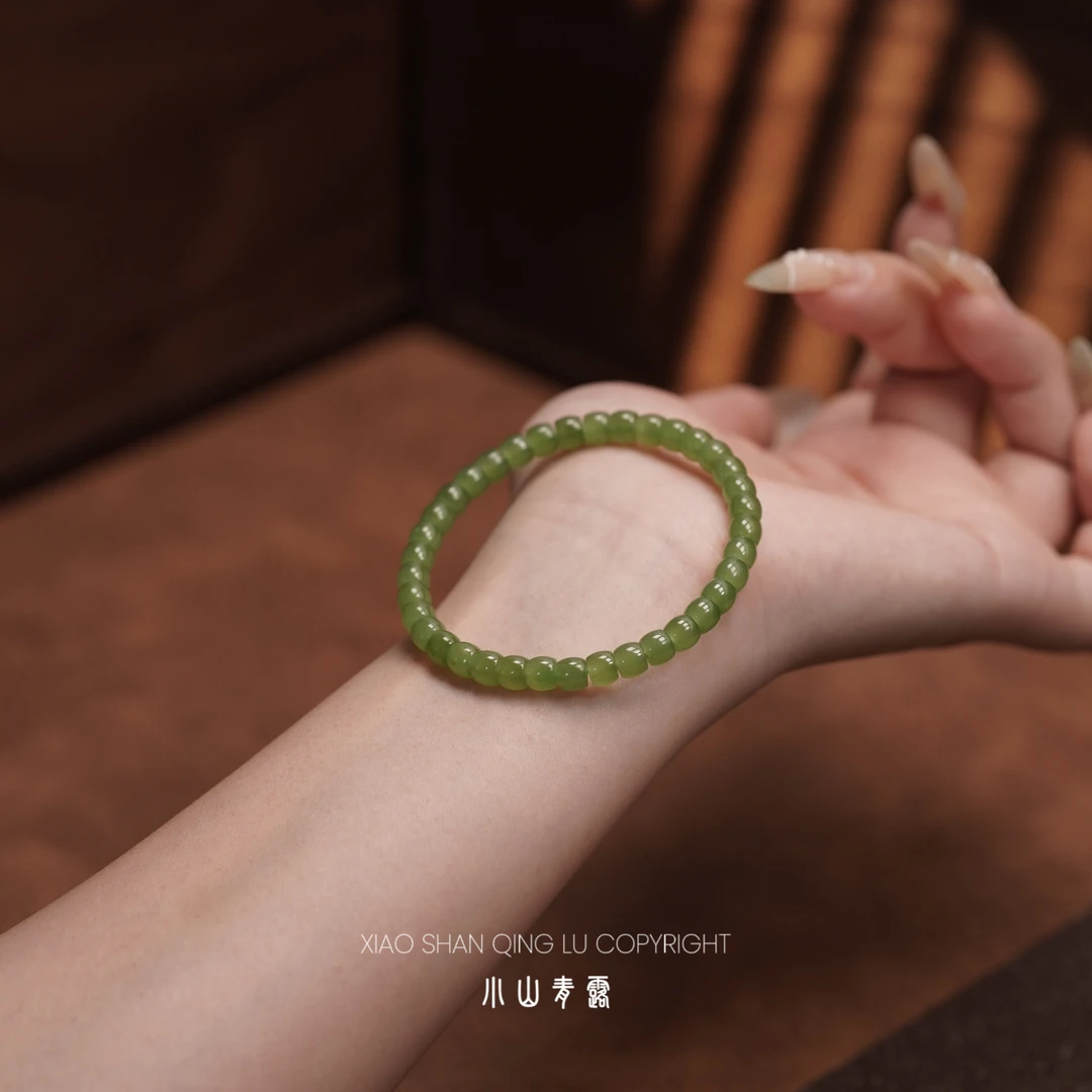 【HJY2255】和田玉碧玉直切手串 长度17cm 珠子5-6mm