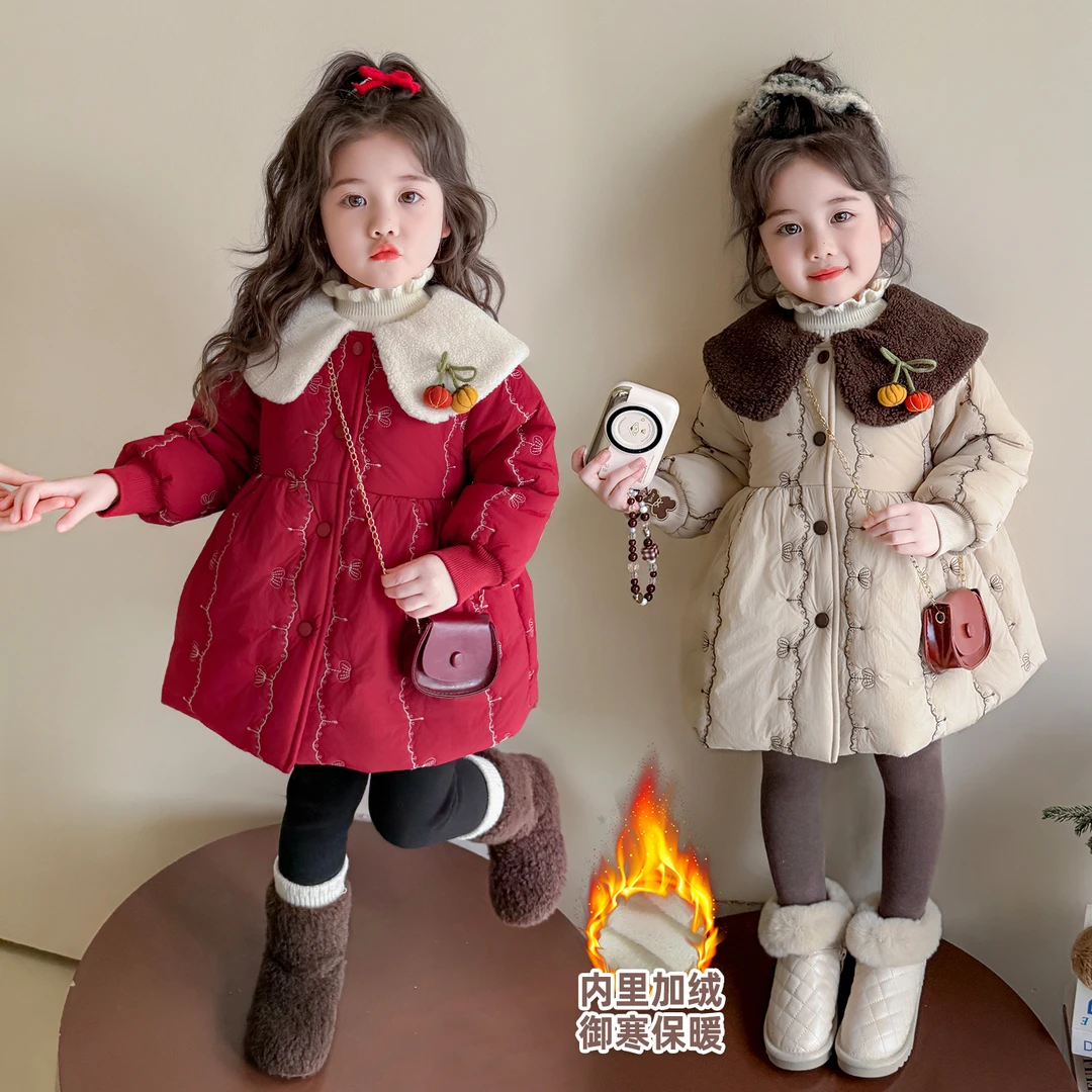 女童加绒棉衣外套中长款洋气甜美儿童秋冬装加厚棉袄宝宝棉服上衣