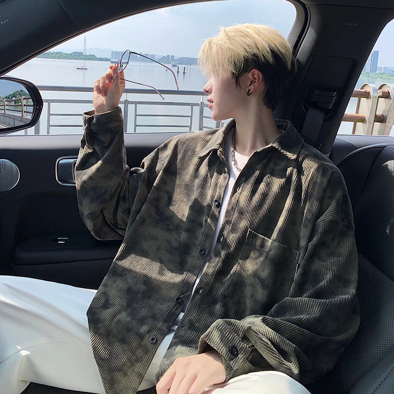 美式扎染灯芯绒长袖衬衫男春秋季大码休闲宽松衬衣潮牌百搭上衣服