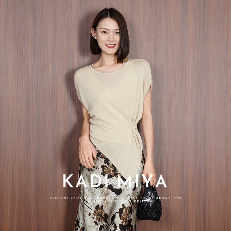 KADIMIYA【柏林衫】法式设计感不规则收腰针织衫轻奢圆领飞飞袖T恤