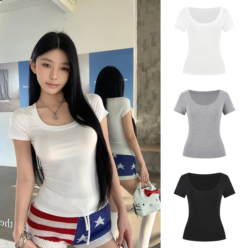 MosesQueen/魔西女王纯欲方领短袖正肩掐腰t恤女大U领修身打底衫