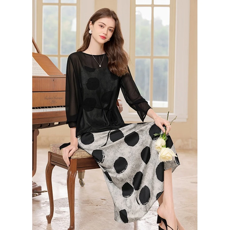 印花裙套装2025夏装新款女装休闲罩衫搭吊带裙时尚两件套碎花裙子