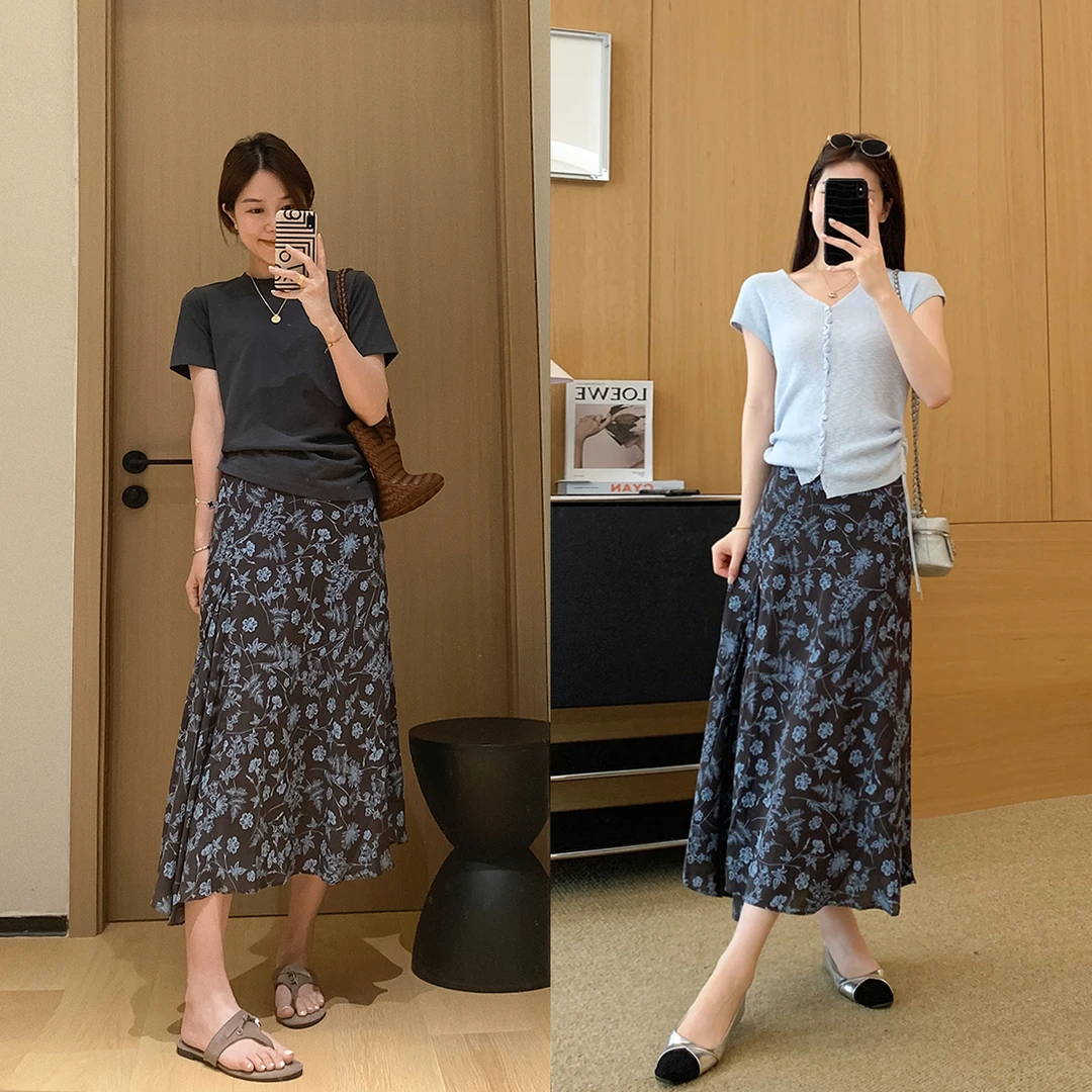 大叮自制【蓝花楹半裙】芙蓉麻水墨蓝紫调碎花鱼尾半身裙!Q668