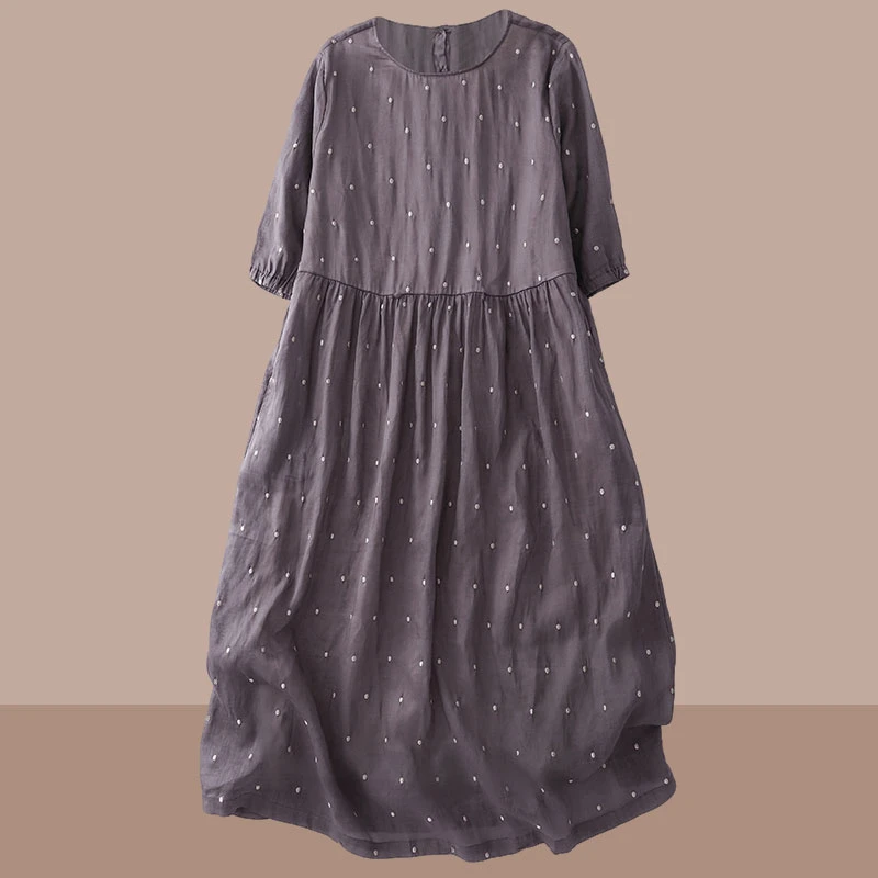 2025轻盈高端苎麻印花圆领大摆文艺气质连衣裙宽松文艺百搭中长裙