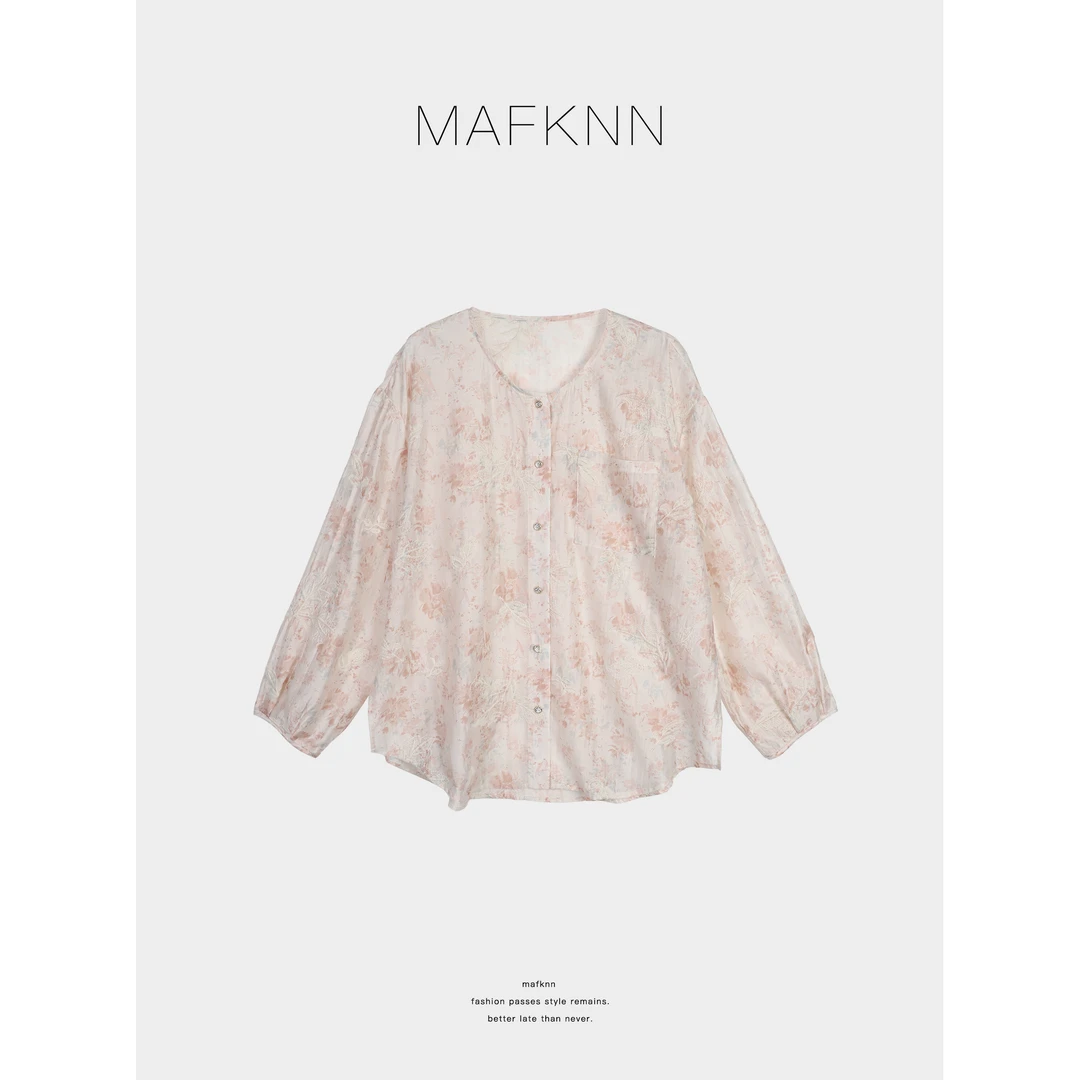 MAFKNN/玛肯时尚休闲简约百搭夏季纽扣花色长袖衬衫上衣MK12756