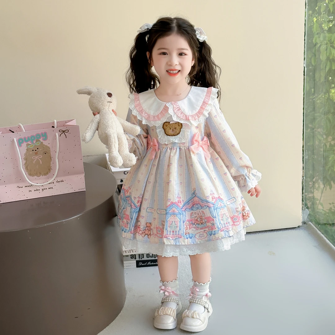 儿童公主裙女童秋装连衣裙2025新款卡通刺绣小熊女宝宝洛丽塔秋款