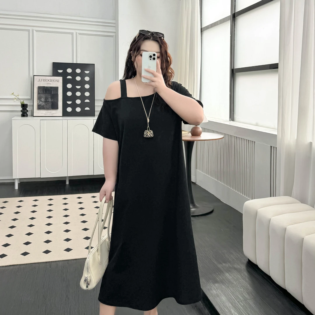 DX7832大码女装【不规则斜肩长裙】夏季胖mm露肩高腰开叉短袖连衣裙