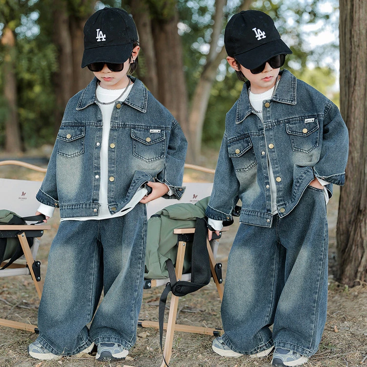 男童痞帅洋气牛仔套装秋季2025春秋装新1女男童秋装潮款加绒套装