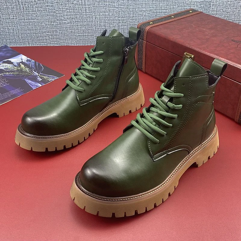 秋冬新款真皮中帮潮流休闲马丁靴英伦时尚短靴男韩版机车加棉男靴