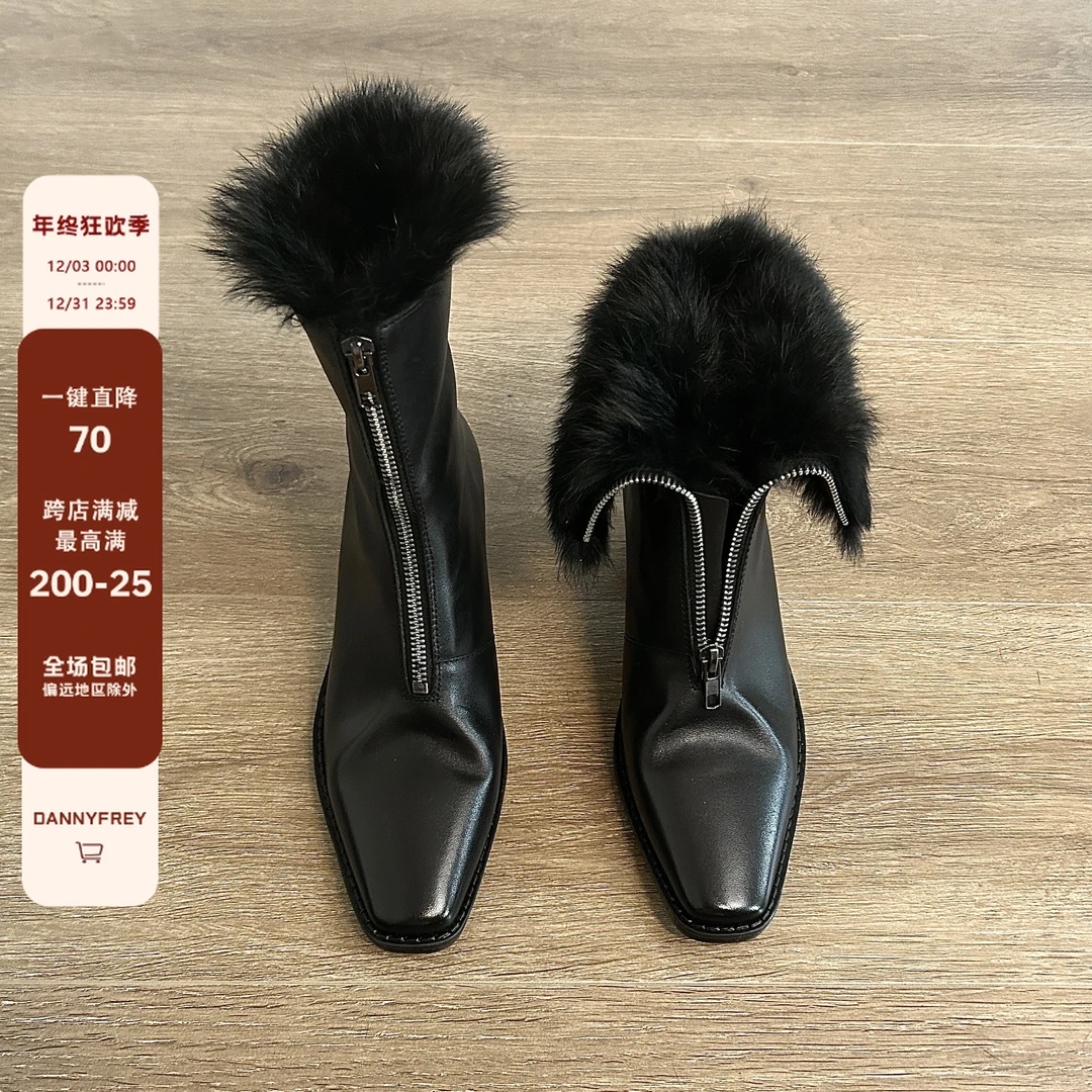 Dannyfrey 高定法式复古真皮兔毛毛短靴新款粗跟中跟鞋子气质