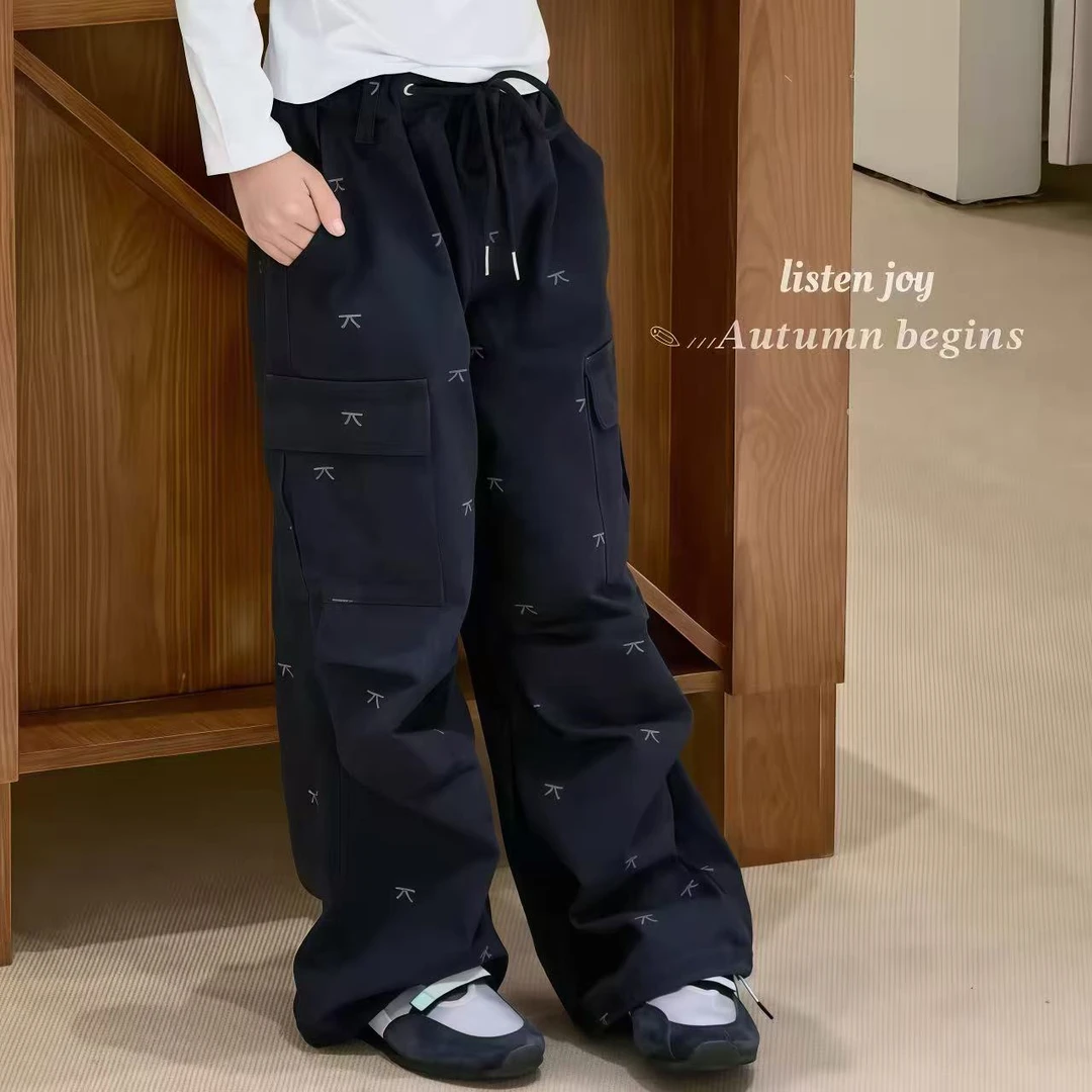 实体现货波拉韩国童装女童蝴蝶结工装裤2025秋儿童直筒口袋休闲裤