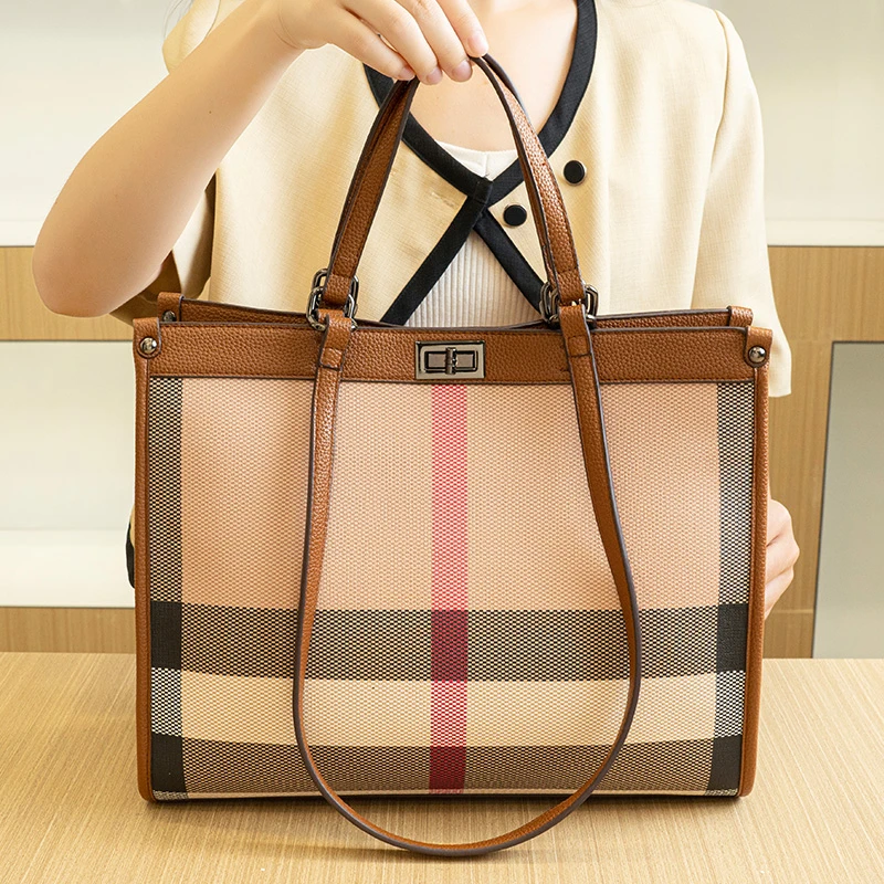 轻奢格子2025新款格纹大容量高档单肩包女高级手提包女士托特大包