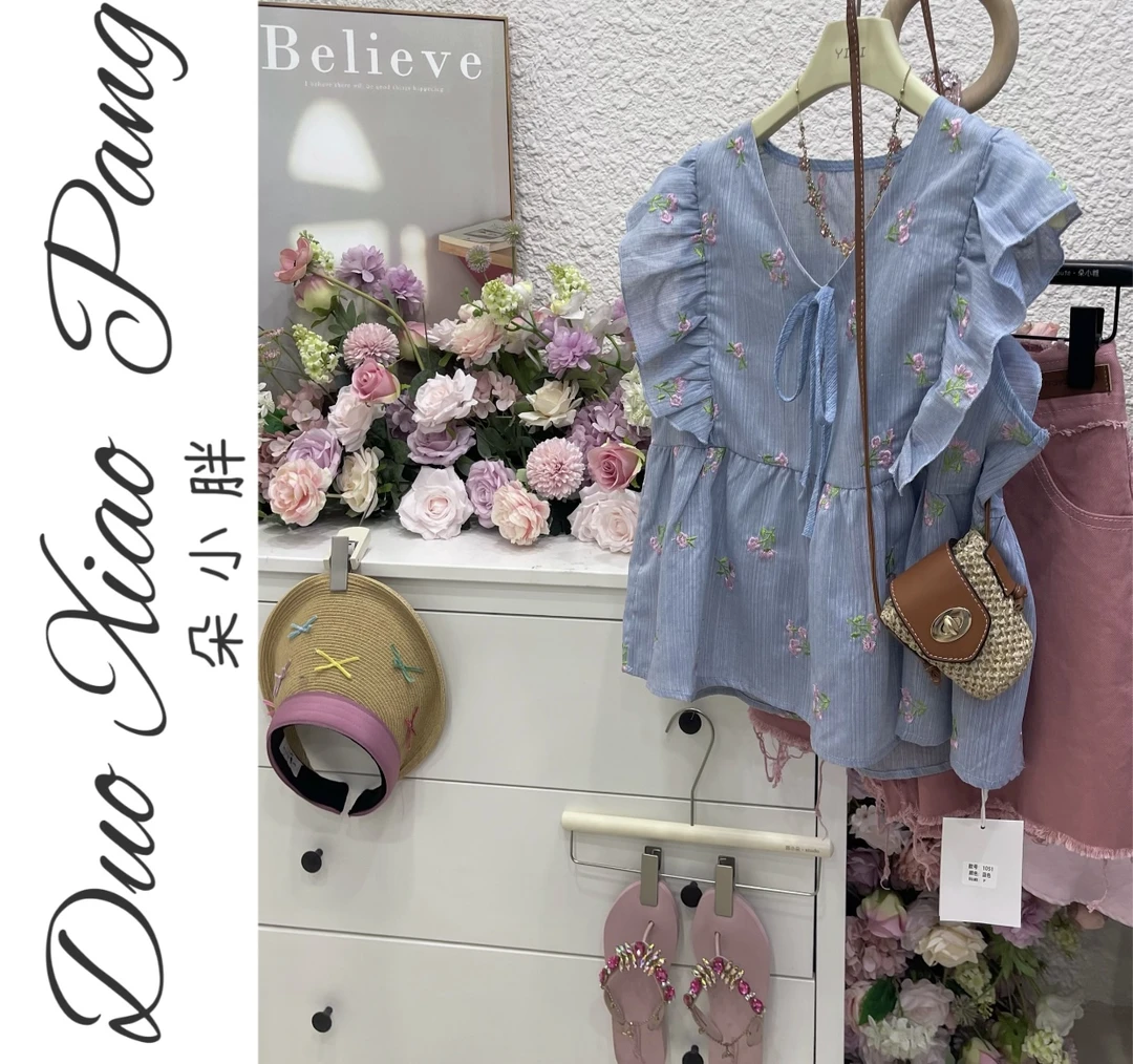 甜美法式碎花V领系带小飞袖衬衫女夏季大码减龄洋气气质上衣9650