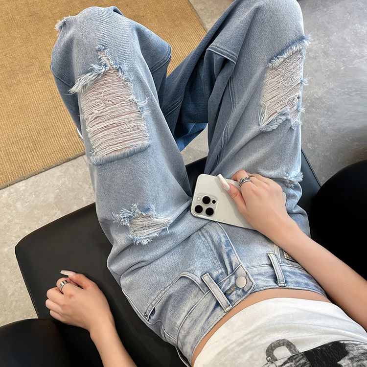 渐变牛仔阔腿裤女夏季薄款超火破洞裤子高腰宽松梨形遮肉显瘦长裤