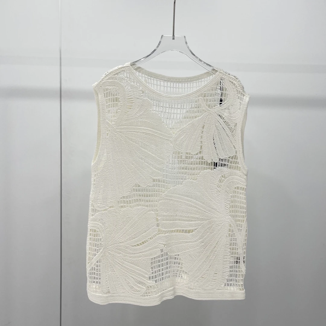 商场同款自制2025夏季新品圆领无袖镂空针织衫女5021