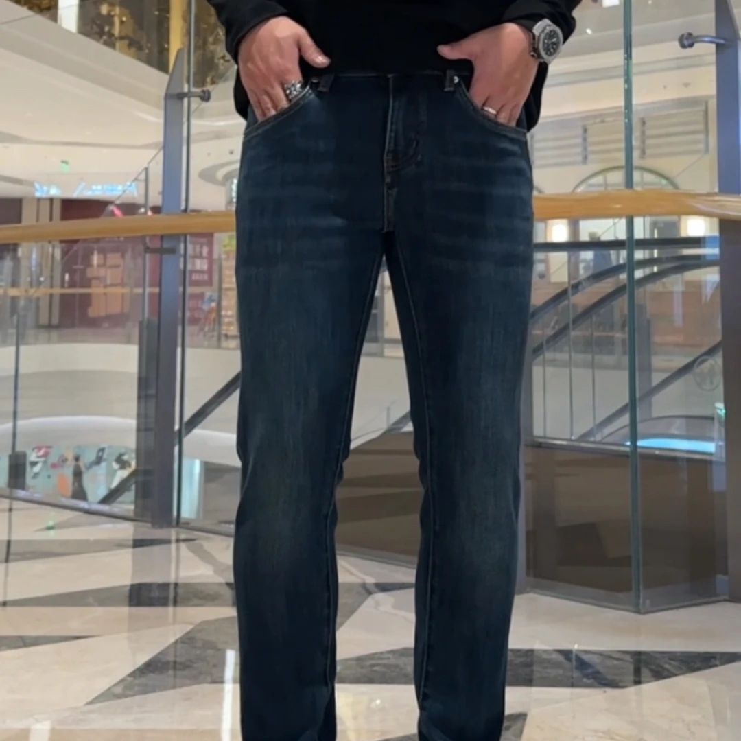 秋冬厚款轻奢蓝色男牛仔裤子显瘦中腰百搭修身水洗小直筒裤休闲裤