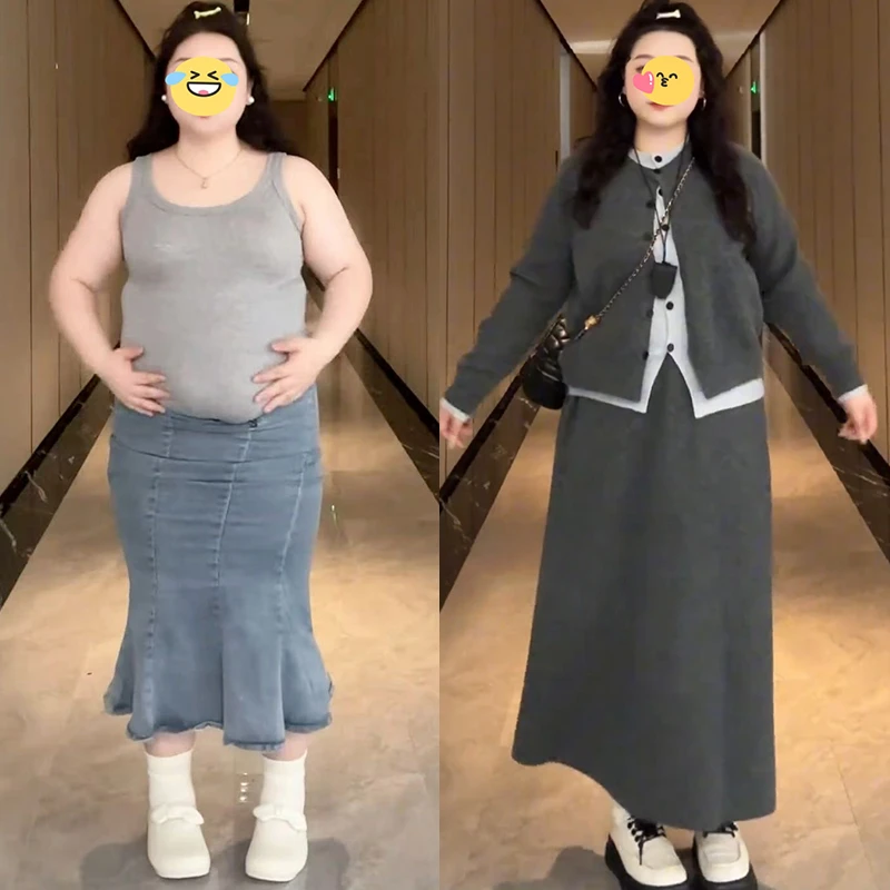 大码女装秋冬微胖穿搭假两件针织开衫毛衣+半身裙显瘦时尚两件套