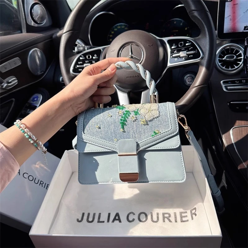 Julia Courier绣珠牛仔小方包包女小众高级感麻花手提单肩斜挎包