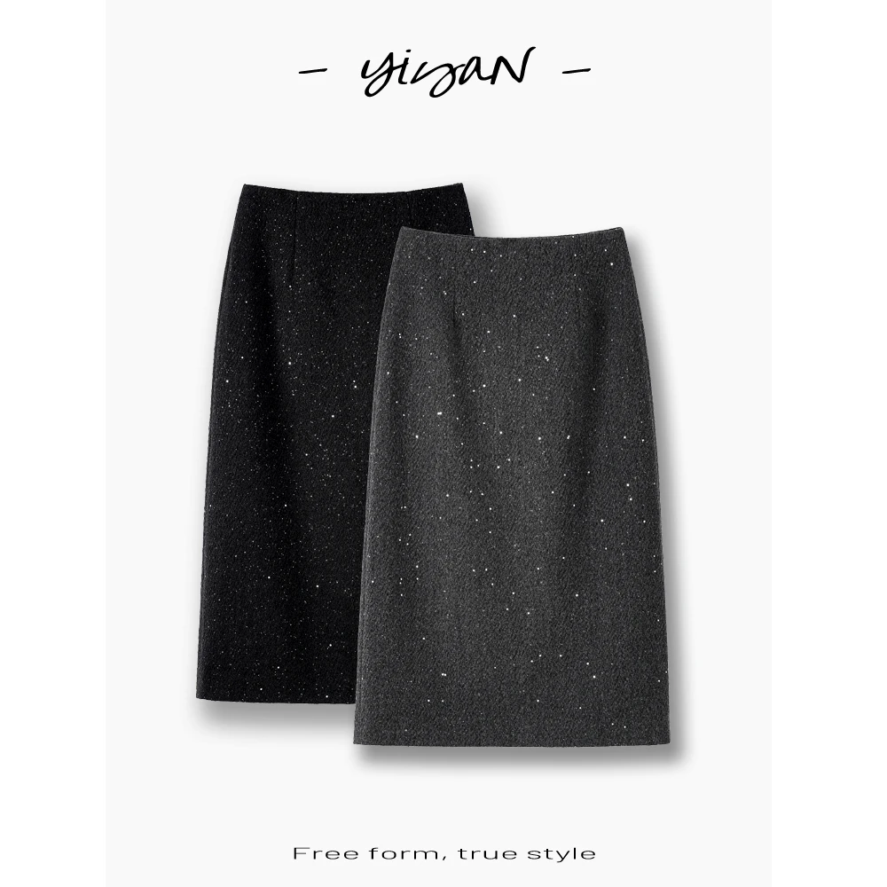 新款秋冬亮片毛呢裙中长款+短款A版显瘦星空闪片半身裙气质设计感
