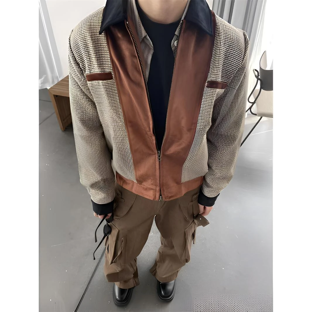 美式复古拼色千鸟格cleanfit短款夹克定制面料双拉链翻领外套男