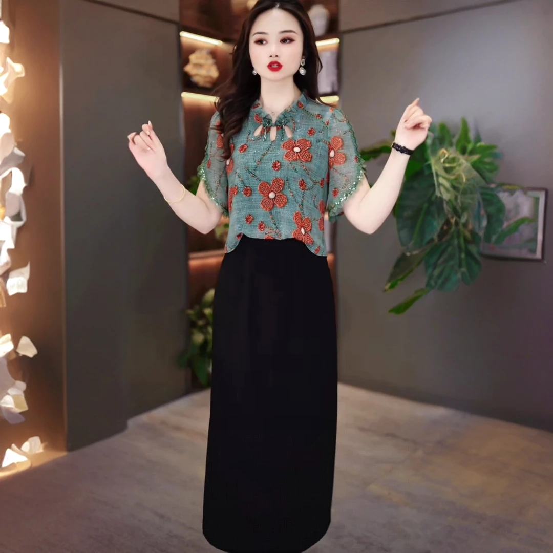 高级琉璃丝时尚洋气百搭碎花中长款礼服裙2025夏季新款显瘦连衣裙