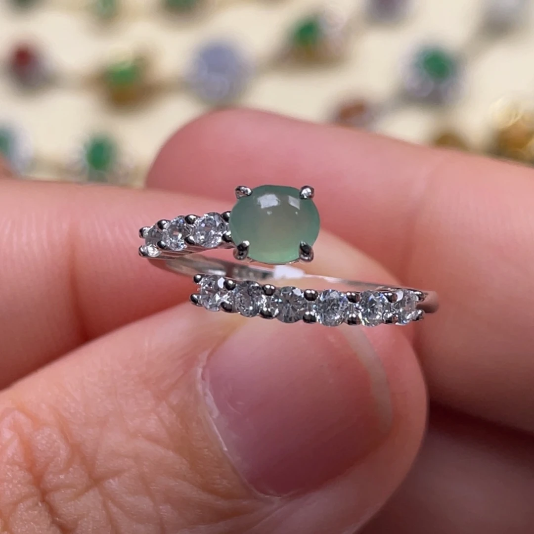 翡翠戒指银S925镶嵌纯天然缅甸翡翠