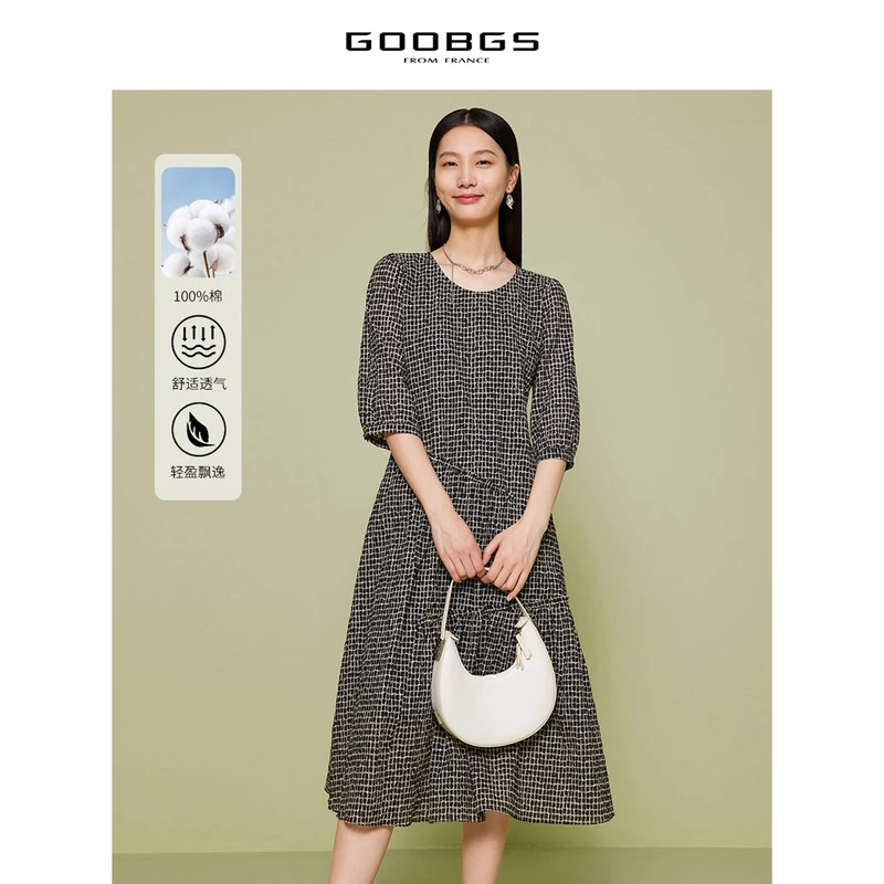 【籽言专属 】G2342674圆领黑白格宽松100棉连衣裙中袖系带中长裙