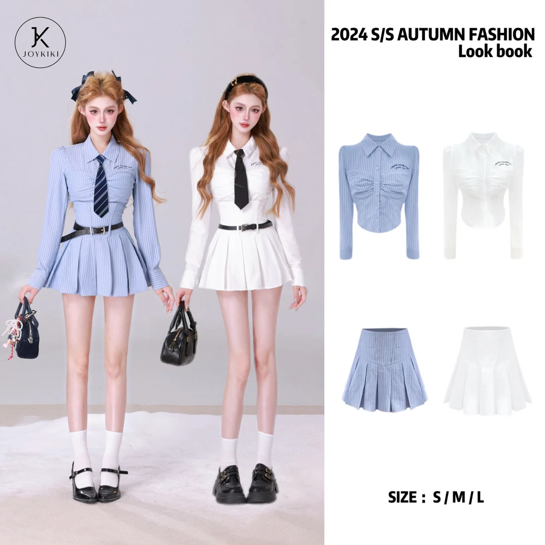 【JOYKIKI 清清!】【柏林学院】辣妹纯欲少女拼接刺绣衬衫套装J24D176