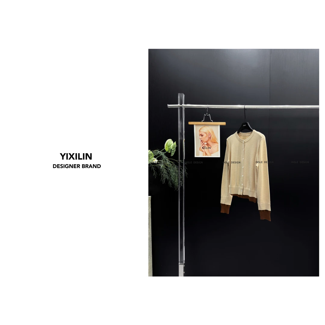 YIXILIN 山羊绒超细羊毛混纺圆领撞色假两件针织开衫