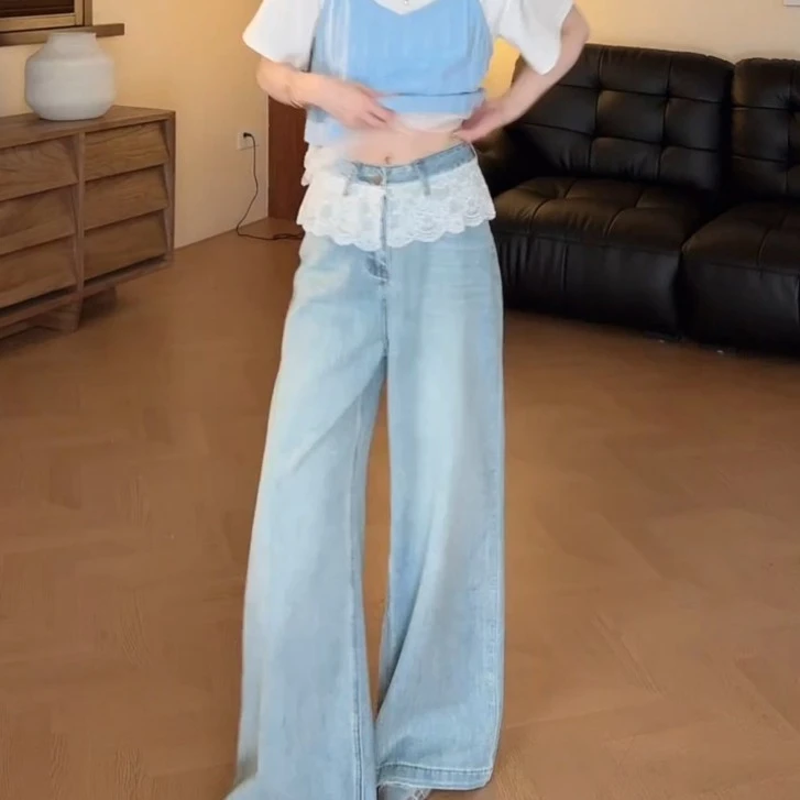 2025春季新款拼接蕾丝花边设计显瘦阔腿牛仔裤女LK2501687