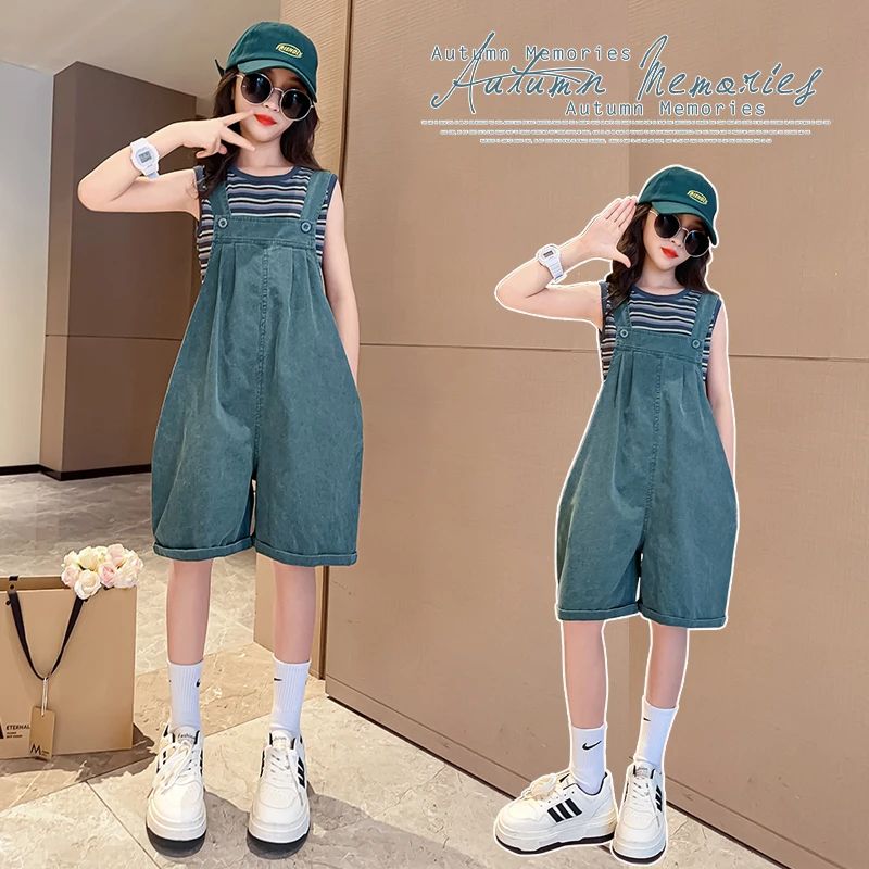 女童夏装套装2025新款洋气儿童夏季无袖牛仔背带裤中大童两件套潮