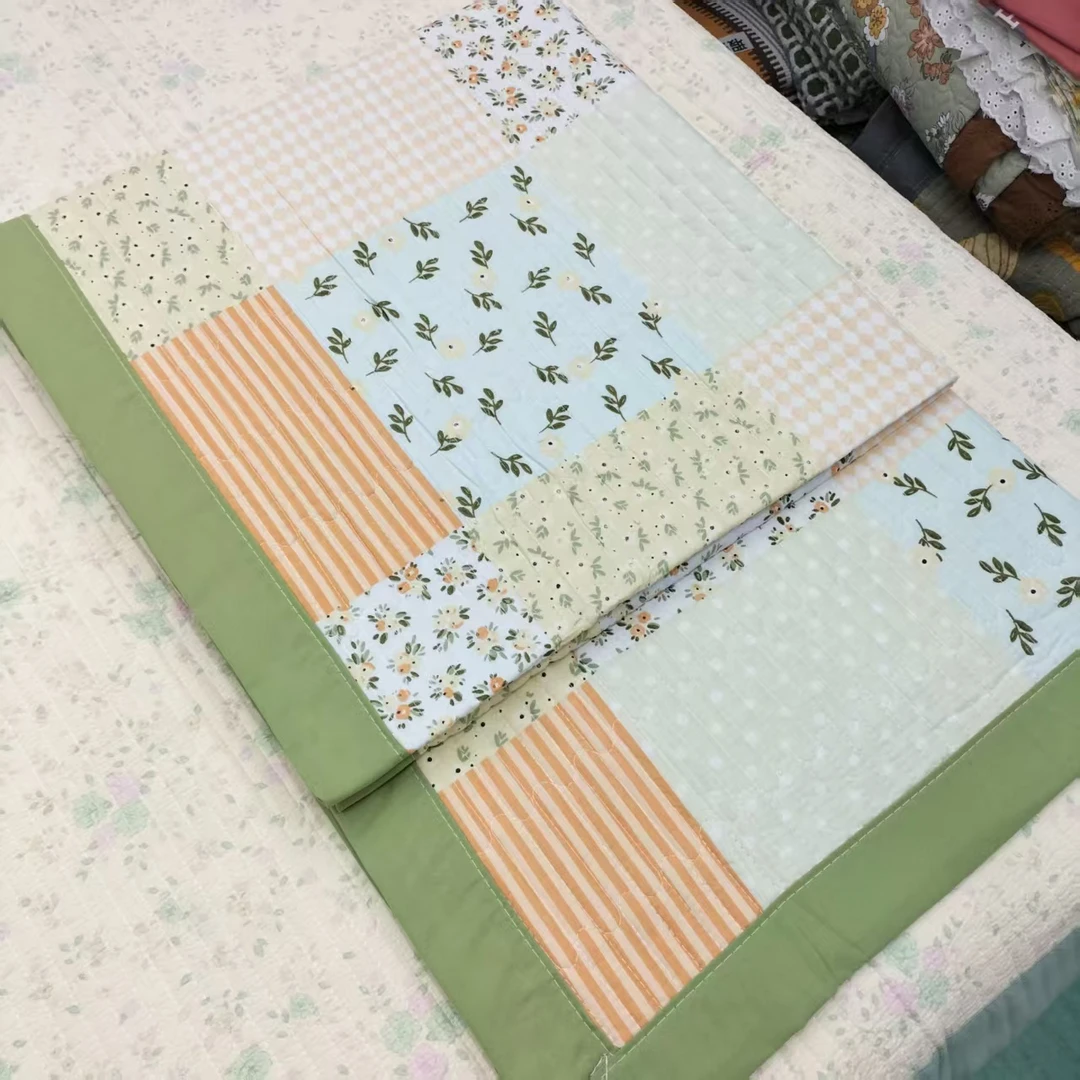 【包边床盖】<拼接格-绿>90X220cm<±5cm>绗缝 多功能水洗透气柔软