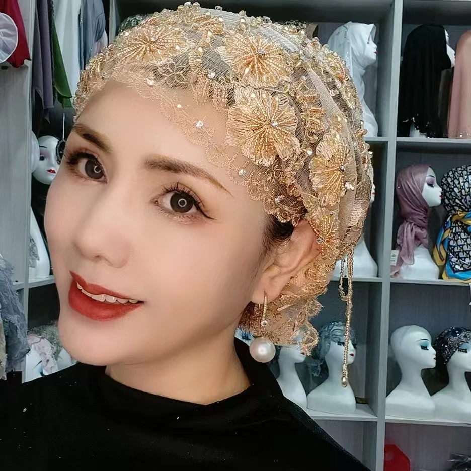 波浪花水晶流苏鱼尾帽网红帽子重工镶钻时尚蕾丝包头帽镂空头巾
