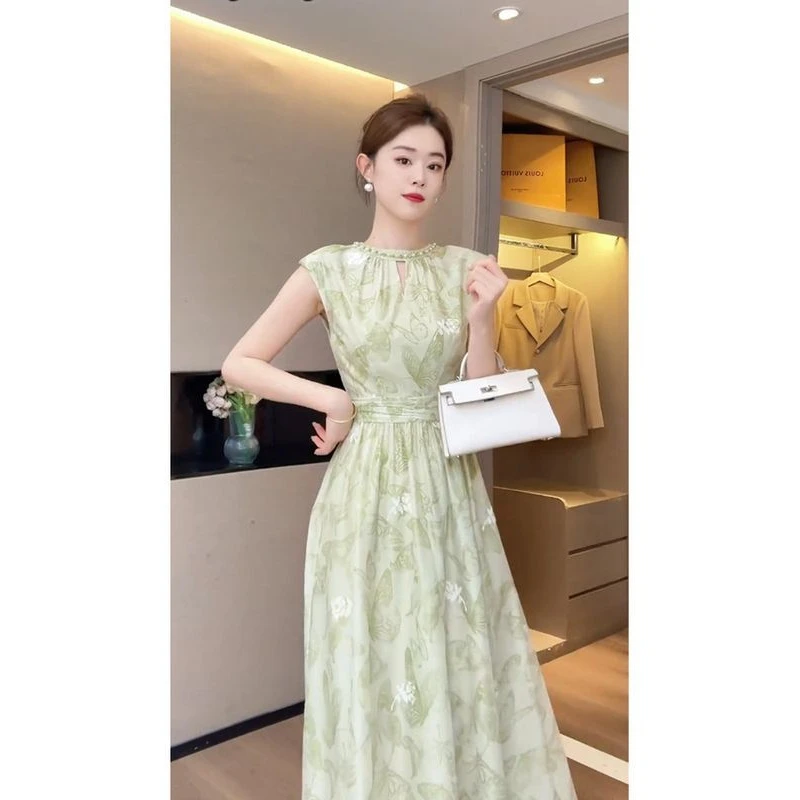 高端精致茶歇法式薄荷曼波风绿色无袖印花连衣裙2025年女夏季