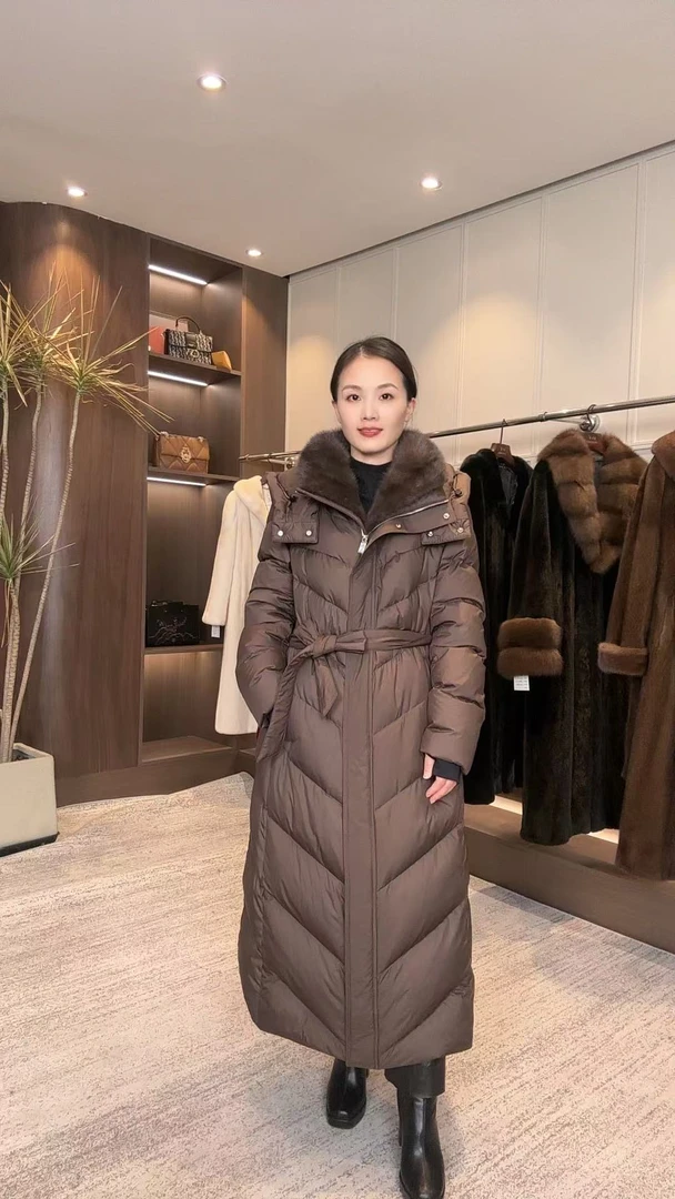品千姿 长款大衣加厚 拉链腰带款 水貂领 WY008