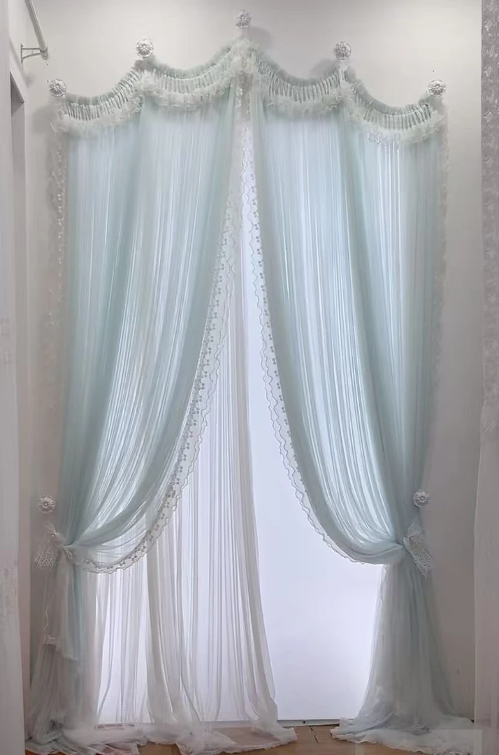 爱莎轻法式梦幻双层穹顶珍珠遮挡免打孔隔断拱形门帘