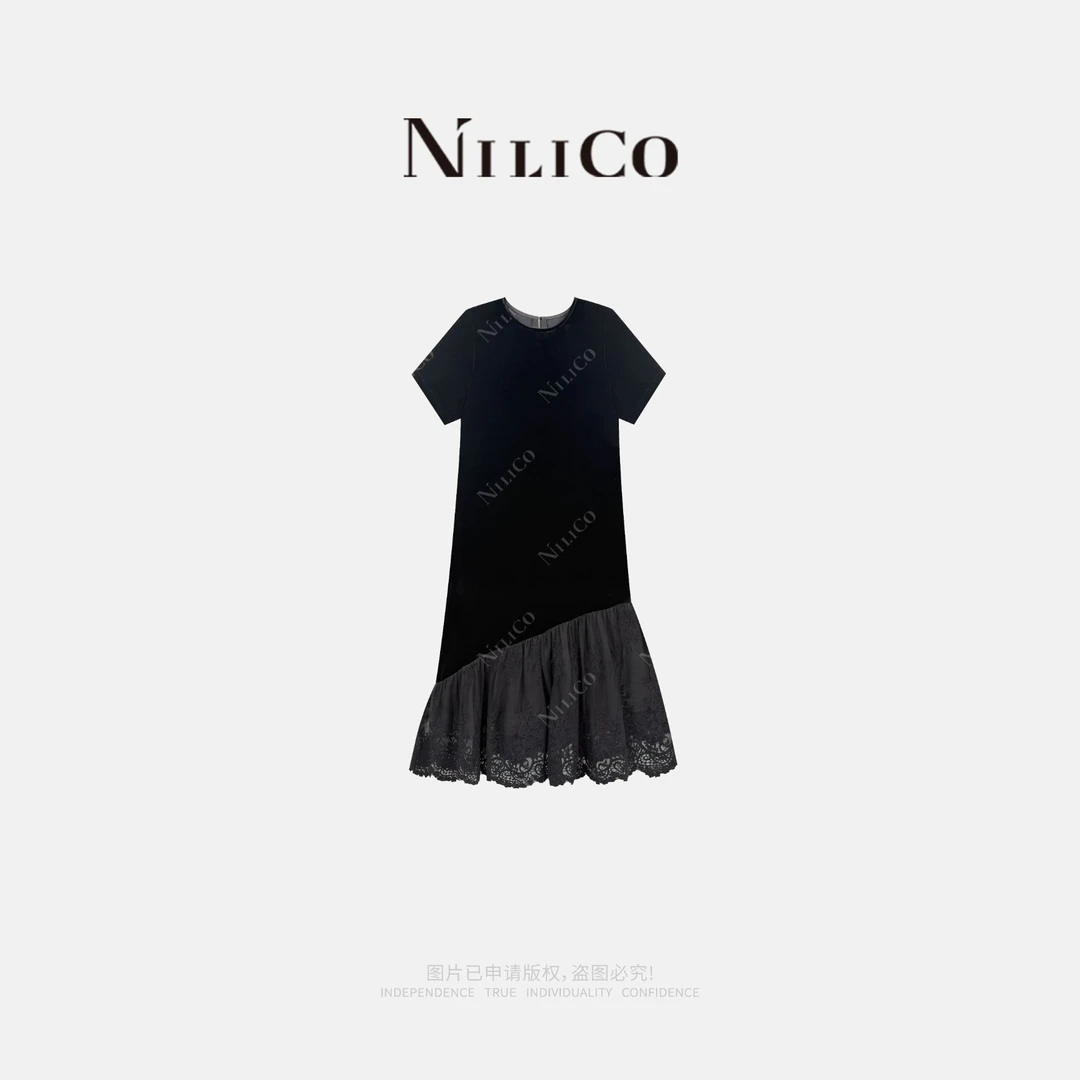 NILICO【东方韵味】丝绒短袖拼蕾丝下摆短袖女连衣裙