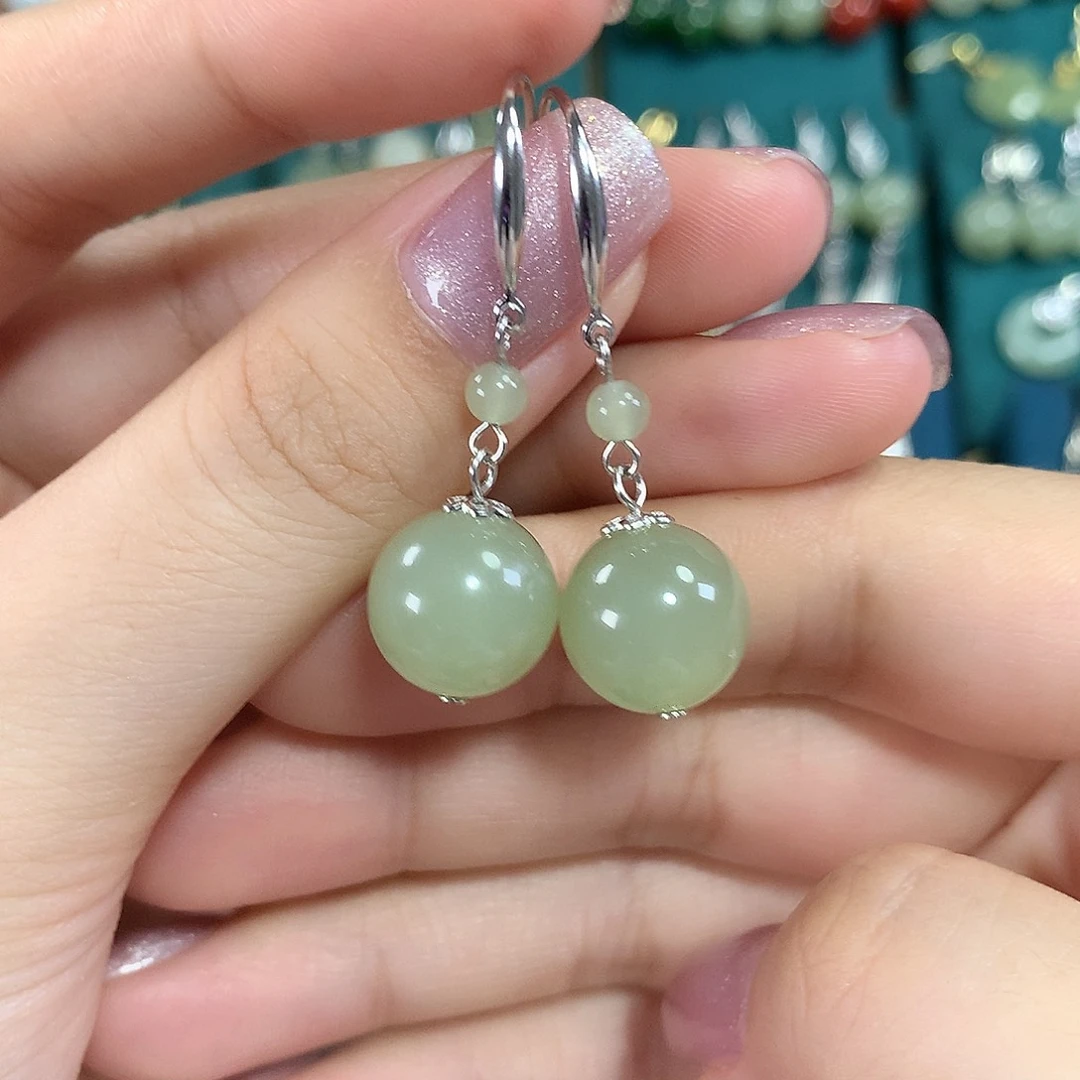 和田玉银S925镶嵌耳饰天然卡12mm左右冰晴水