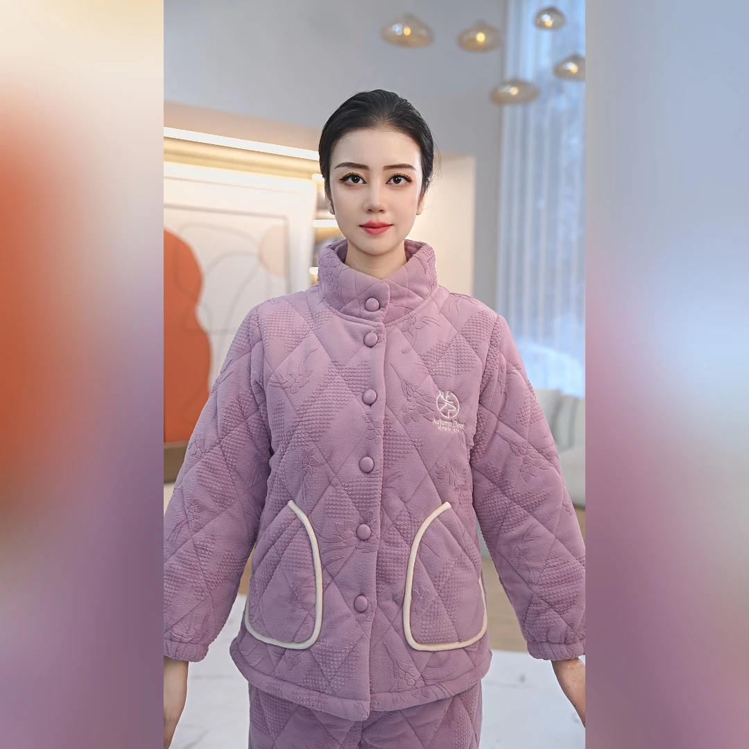 秋鹿新款短绒海岛绒提花夹棉立领女套加绒保暖不压身冬款家居服