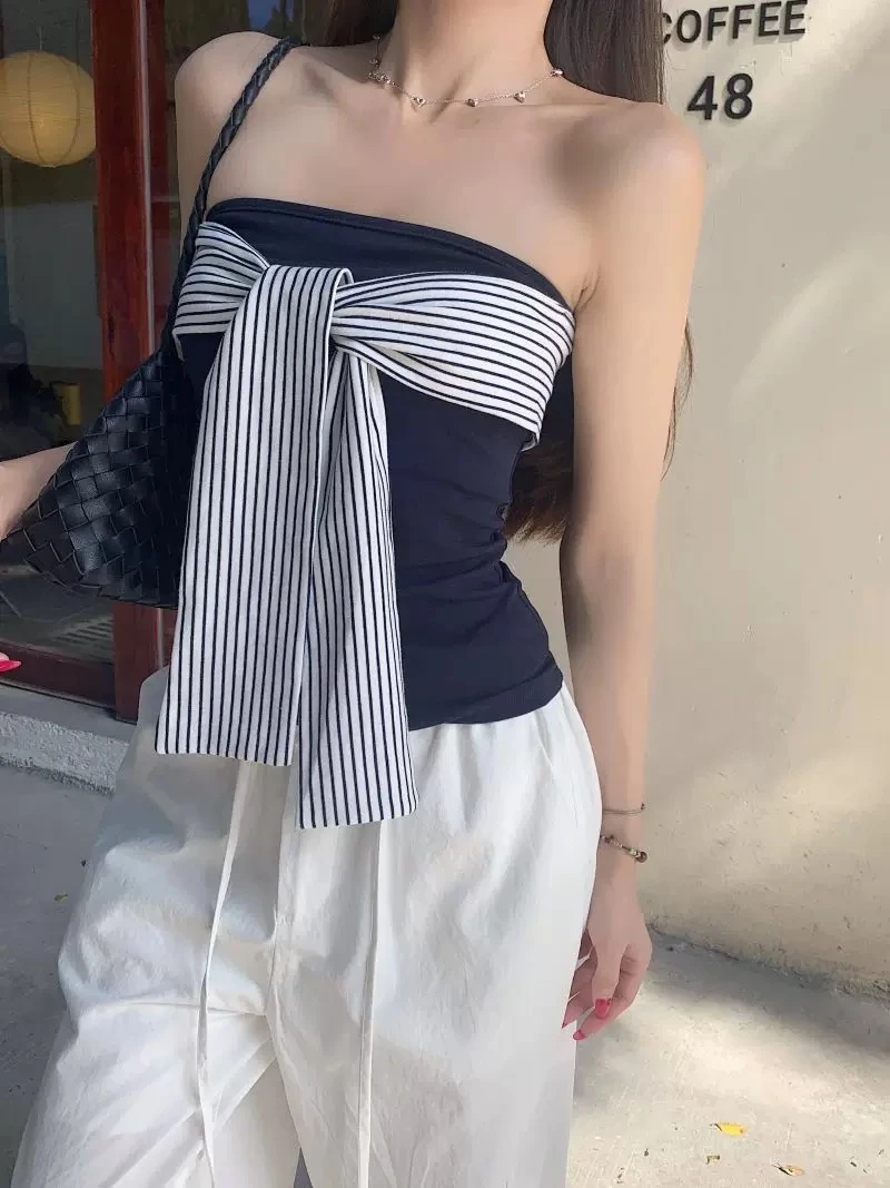 复古条纹绑带拼接抹胸背心女装夏季小众别致显瘦无袖上衣
