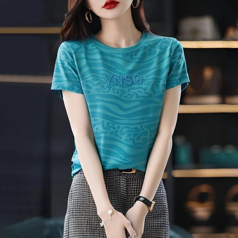 薄款豹纹字母刺绣短袖T恤女夏季新款时尚显瘦百搭休闲半袖上衣服