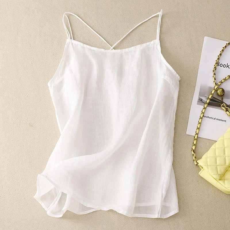 高货白色薄款苎麻吊带背心女交叉露背宽松打底衫文艺内搭上衣女