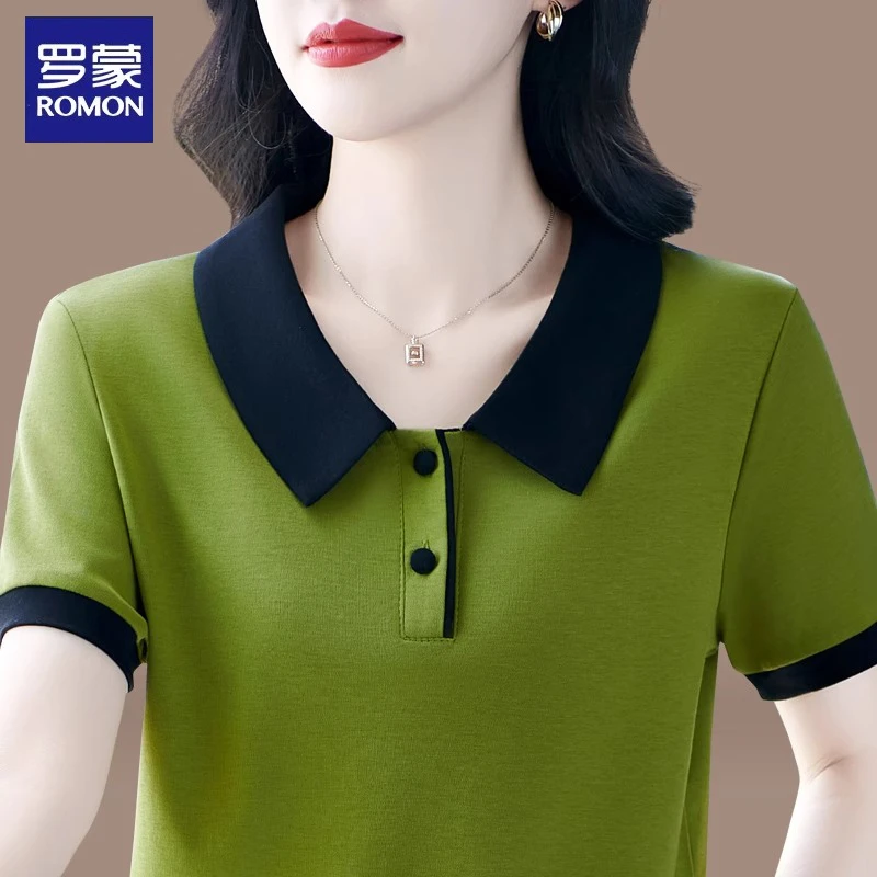 罗蒙高级感t恤女夏妈妈翻领短袖气质减龄小衫显瘦娃娃领休闲上衣