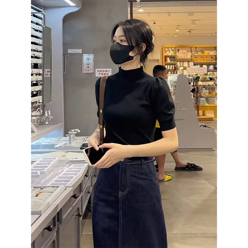 女士夏季新款轻熟风格洋气针织半高领修身泡泡袖内搭打底上衣上衣