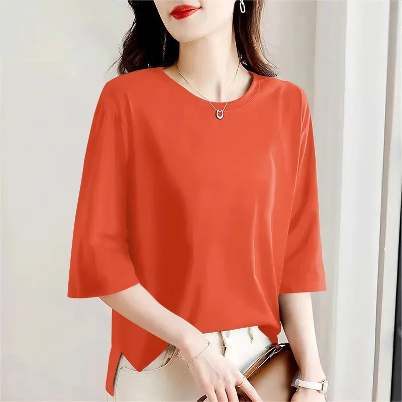 纯棉短袖t恤女2025新款夏大码女装120斤到220斤高端七分袖打底衫