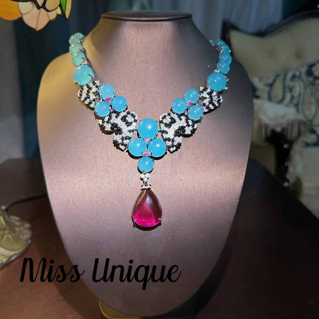 S2132瑞士天蓝石石红水滴项链